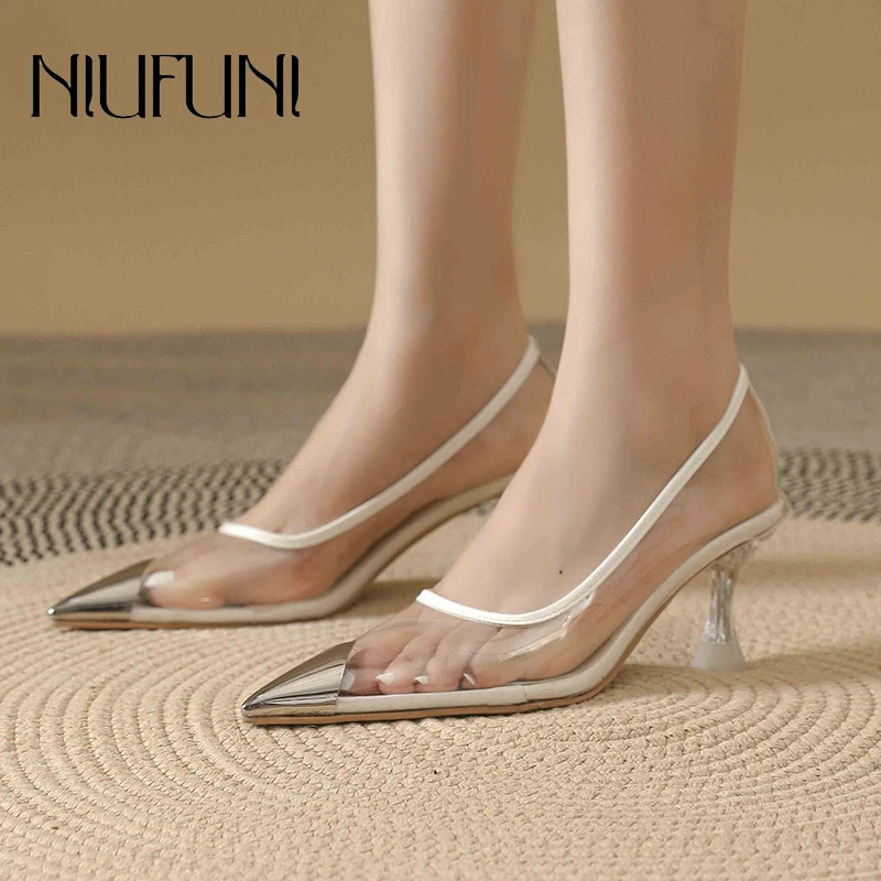 

NIUFUNI Summer Pointy Transparent PVC Women's Pumps Crystal Stiletto Ladies Shoes Elegant Dress Shoes Slip On Solid Color Simple