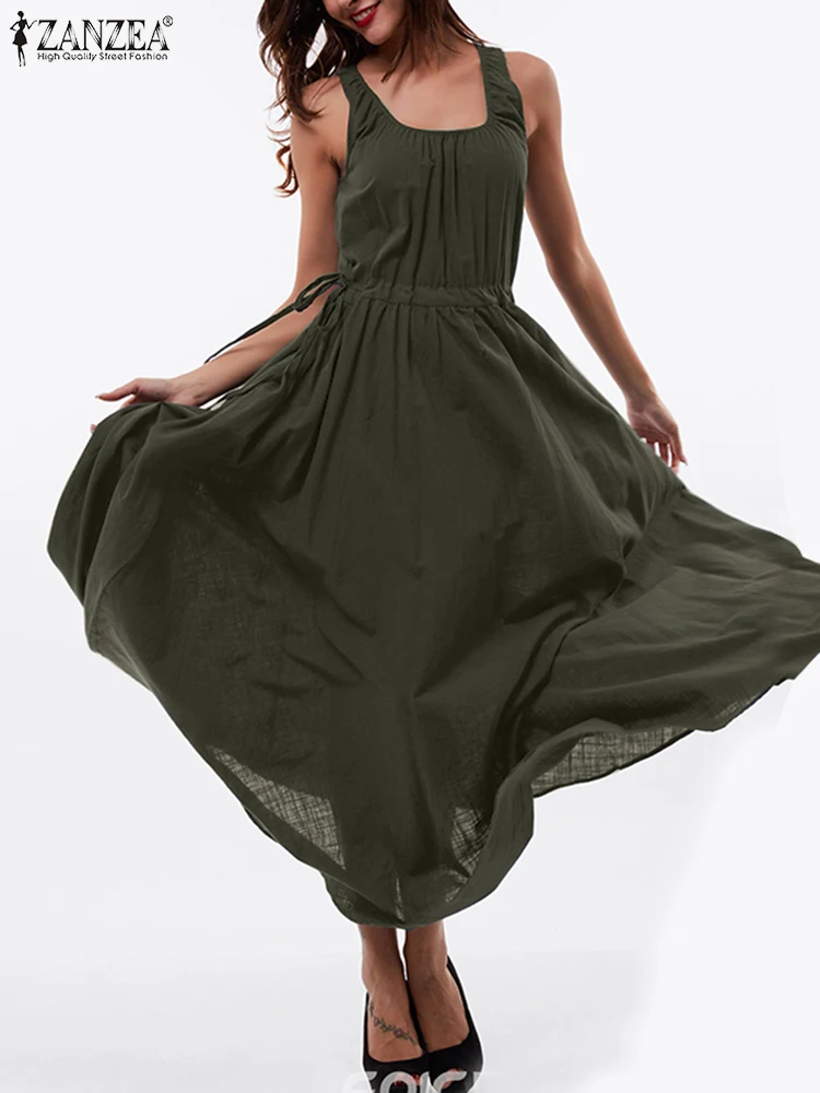 

Office Work Dress ZANZEA Summer Elegant Long Sundress Women O Neck Sleeveless Drawstring Party Long Vestido Sarafans Robe Femme