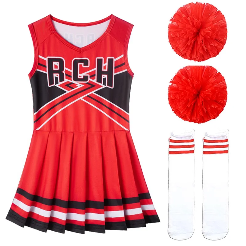 New Kids Girls Cheerleading Dance Clothes Set V Neckline Letter Print Patchwork Style Dance Dress Cheerleader Uniform Pompoms So