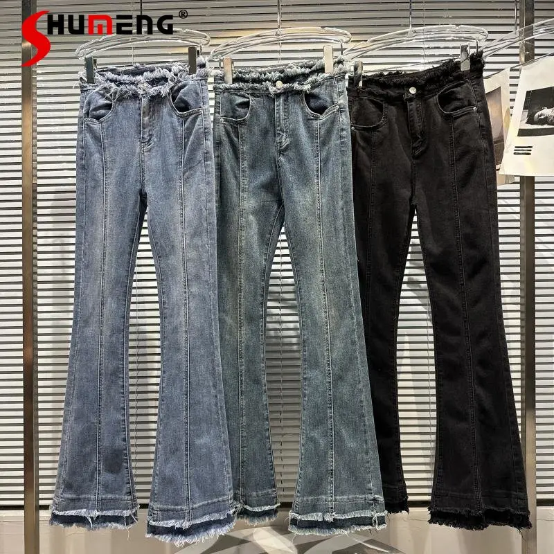 

2023 Spring New Fashion Casual Classic Style Distressed Elastic Denim Pants Women's Simple Trendy Solid Color Flared Jeans