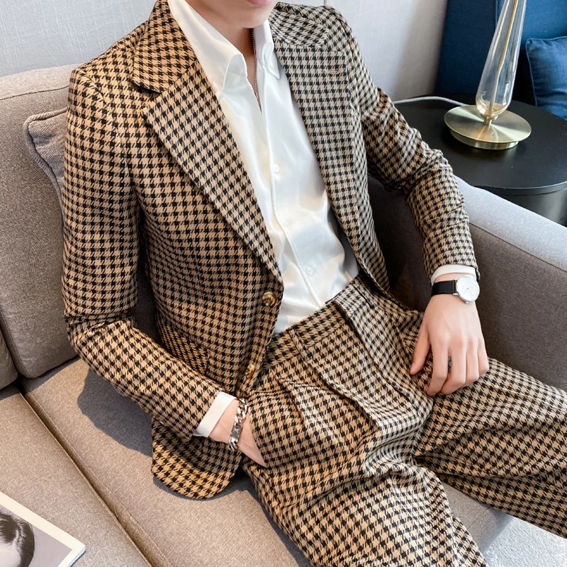 

2023 Spring New Suit Men's Trend Plaid Korean Version British Slim Fashion Casual Handsome Single Suit Jacket for Men Suits