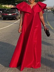 Satin Abaya Dress Muslim Women Solid Color Loose Long Sleeve Ruffles Red Long Maxi Dress Autumn Dubai Turk Modest Wear