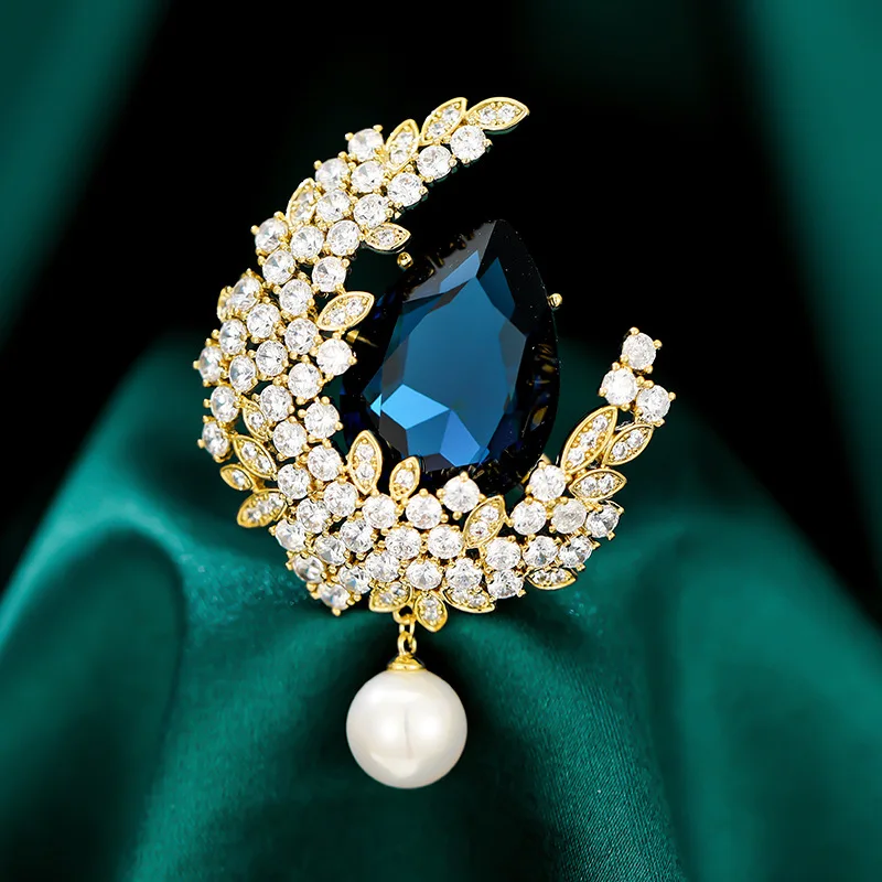 

Trendy Shining Crystal Moon Brooch Female Vintage Luxury Pearl Brooch for Women Accessories Teacher's Day Gift Corsage Jewelry