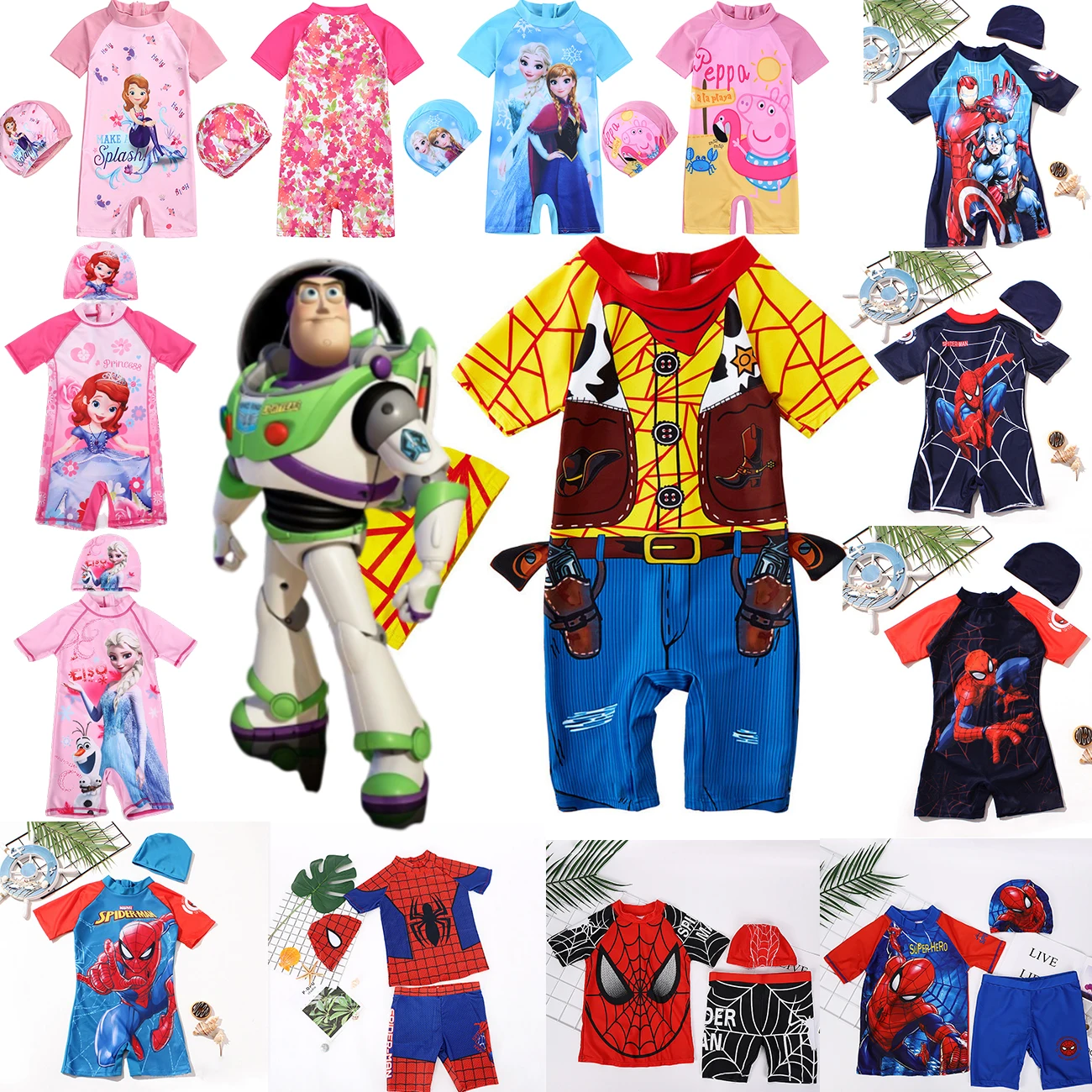 

2022Disney Marvel Avengers Spiderman Anna Elsa Swimsuit Girls Baby Surf Clothes Hat Short Sleeve Pants BathSuit Swim Beach Wear