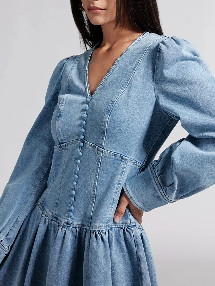 CHICEVER однотонные джинсовые мини плиссированные платья для женщин с V-образным