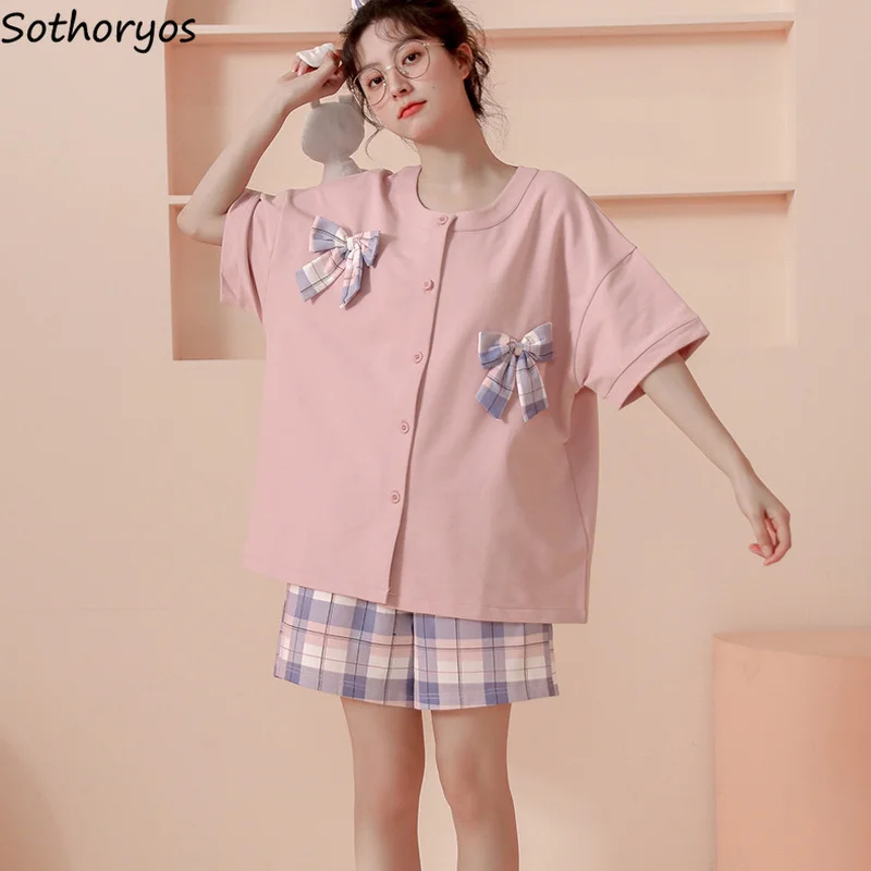 

Пижамный комплект Женский с бантом, стильная простая Стильная летняя одежда для сна в стиле преппи для студентов, уютная дышащая Корейская одежда для сна