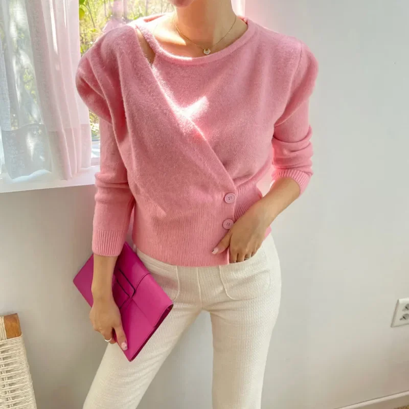 

Irregular Fake Two Pieces Sweater Women Autumn Single Breasted Knitted Sweater 2024 Women's Long Sleeve Top Female Pink Cardigan