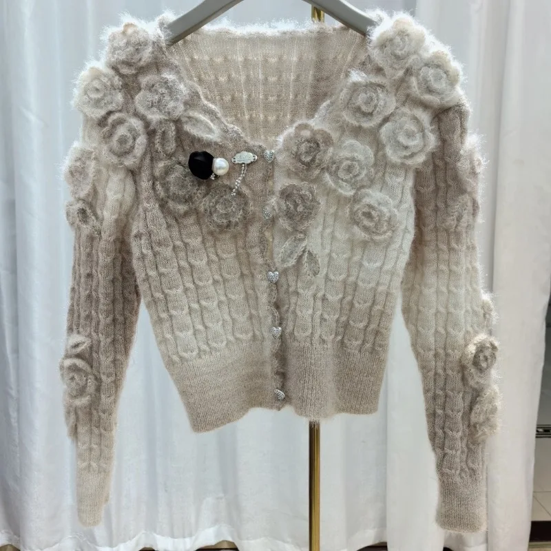 Милый розовый мягкий кардиган женский вязаный свитер с 3D цветочным принтом и