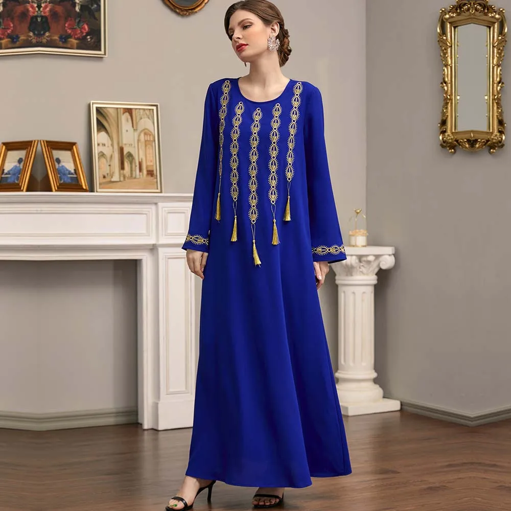 

Arabian Robe Blue Bronzing Embroidery Ethnic Round Neck Woman Hijab Jalabiya Jellaba Moroccan Dubai Muslim Party Banquet Dress