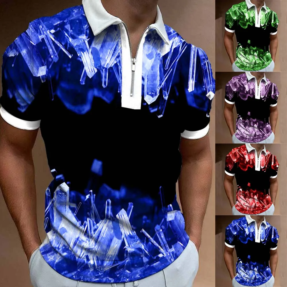 

2023 New Summer Casual Polo Shirt Men T-shirt 3D Digital Print Turndown Collar Sweat Absorbing Zip Polo Shirts