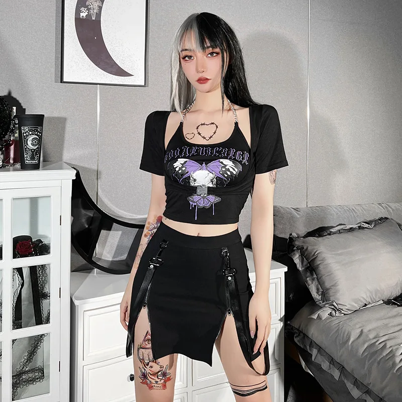 

2022 Summer New All-match Street Casual Slimming Butterfly Independent Design Printing Chain Small Sling Tights 2-piece Set