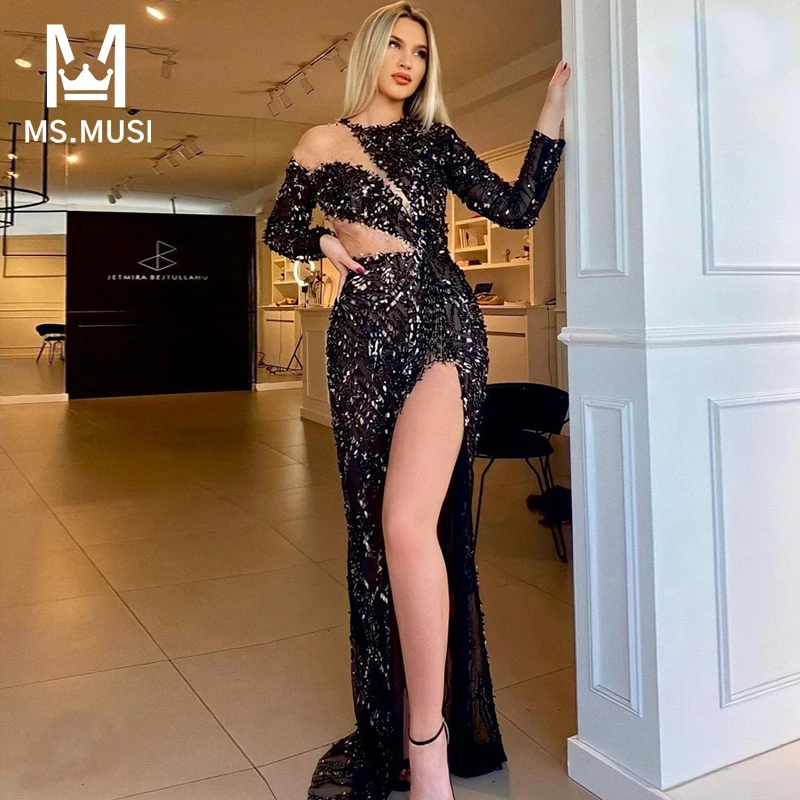 MSMUSI New Fashion Women Sexy Sequin Lace Mesh Hollow Out Bodycon Party Long Sleeve Slit Backless Maxi Dress Long Dress Gown