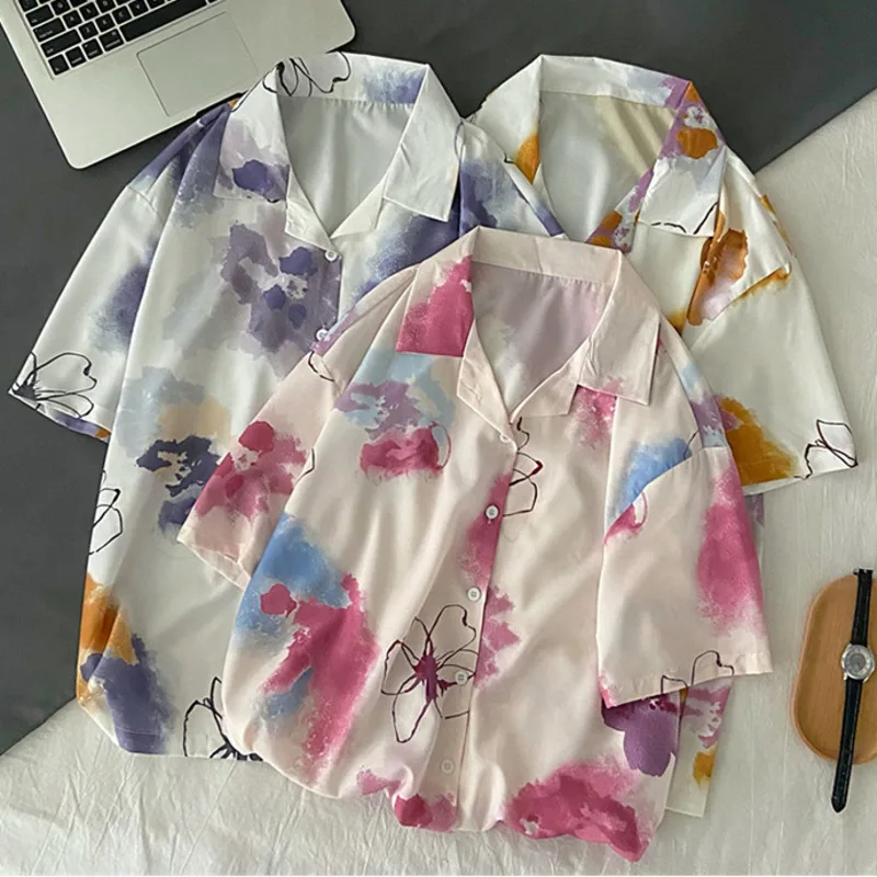 

Блузка женская с цветочным принтом, Повседневная Свободная рубашка с коротким рукавом, на пуговицах, уличная модная одежда, праздничная пля...