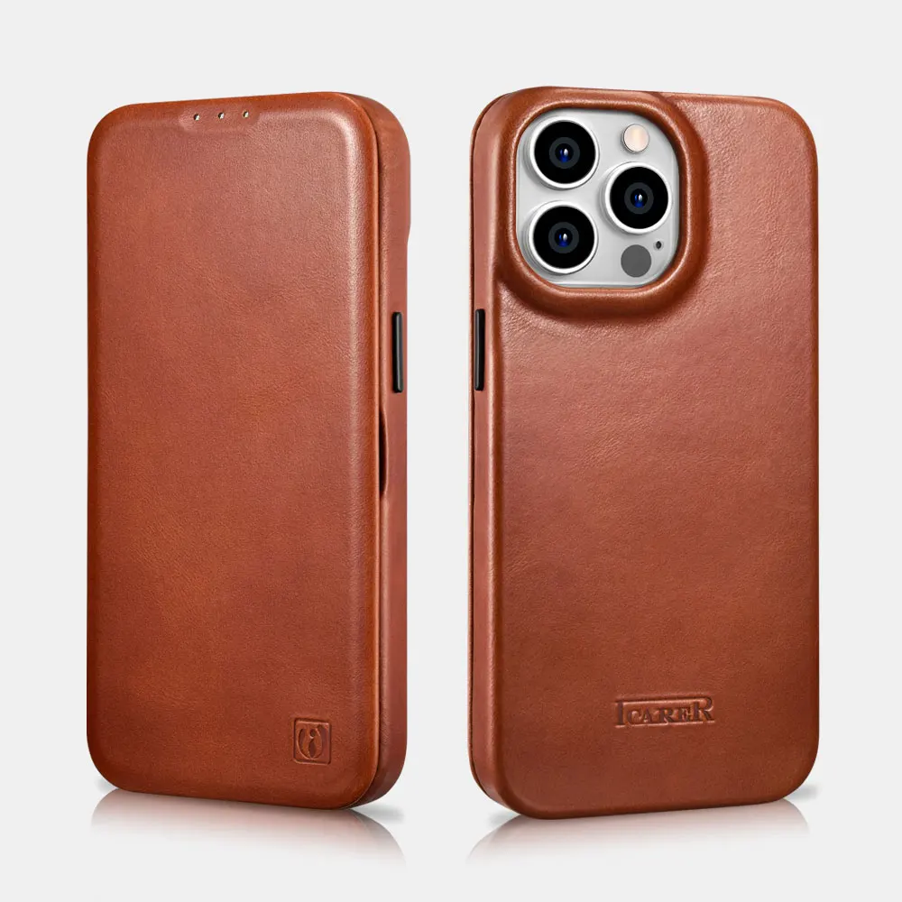 

Чехол-книжка icarer из натуральной вощеной кожи с изогнутыми краями для iPhone 14 Pro Max / 14 Plus / 14 Pro / 14