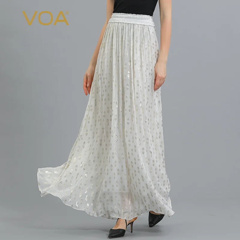 

VOA 12 Momme Georgette Mulberry Silk Natural Waist Pleated Skirt Summer Elegant Generous Double Layer A-line Woman Skirts CE170