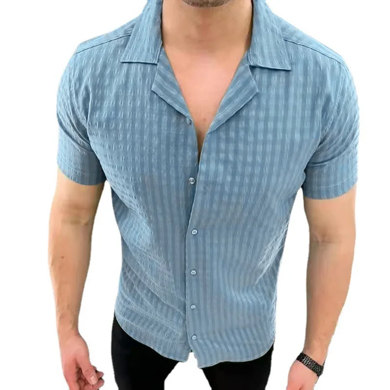 Summer Men's Solid Color Button Short Sleeve Shirt Slim Fit Casual Lapel Cardigan Top