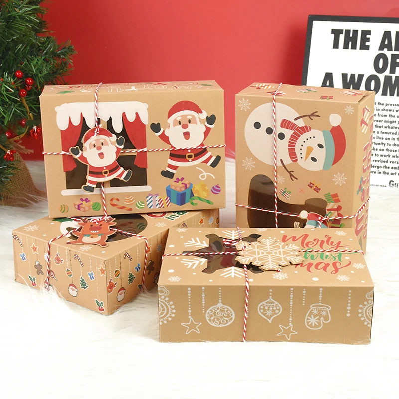 

4pcs Merry Christmas Gift Box Santa New Year Kraft Paper Clear Window Candy Cookie Packaging Boxes Xmas Party Favor Decoration