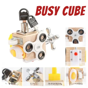 Kids Busy Cube Wooden Busy Block Montessori Educational Toys Hands-on Grasping Ability Training Lock in USA (United States)