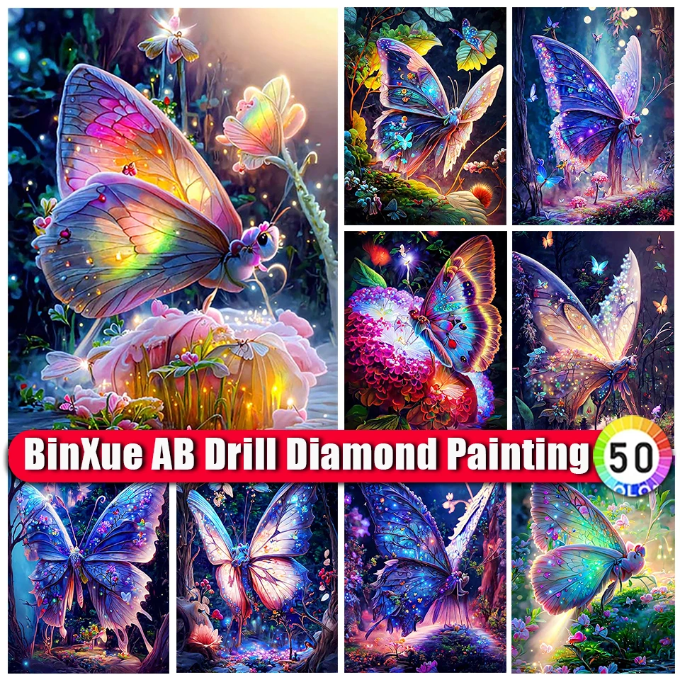

BinXue 2023 New 5D DIY Fantasy Colorful Butterfly AB Diamond Painting Kit Animal Flowers Handmade Cross Stitch Mosaic Home Decor