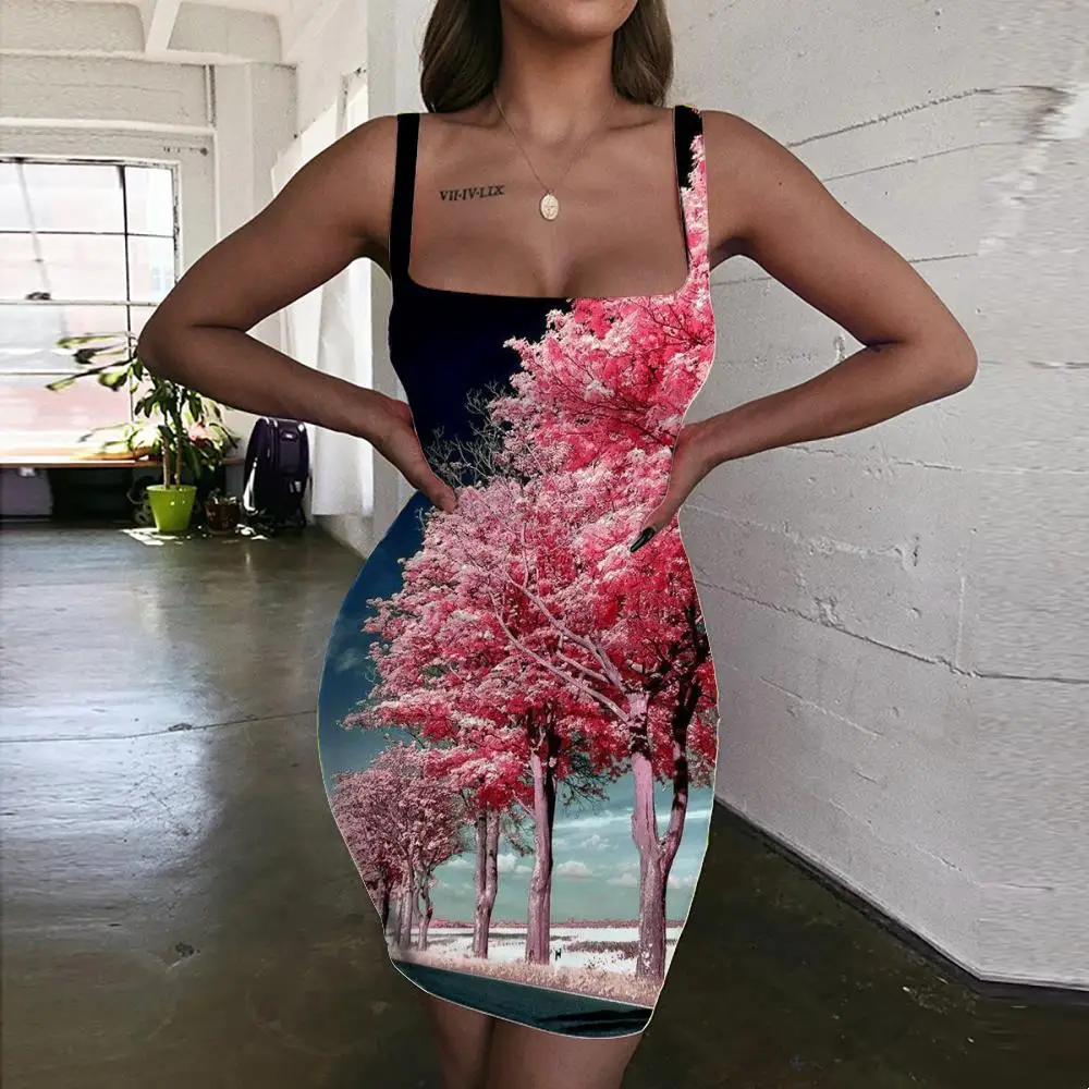 

Giyu night view Dresses Women pink Ladies Dresses flower tree Sundress Womens Clothing Club New Boho Fashion
