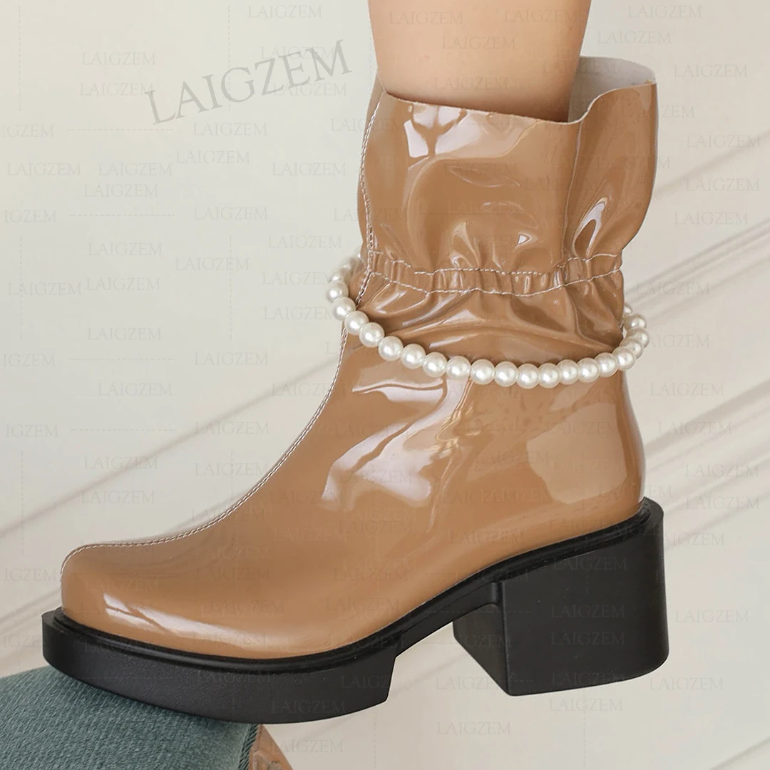 

LAIGZEM Women Ankle Boots Side Zip Up 6CM Mid Heels Round Toe Handmade Ladies Shoes Woman Handmade Plus Big Size 36 39 41 43 45