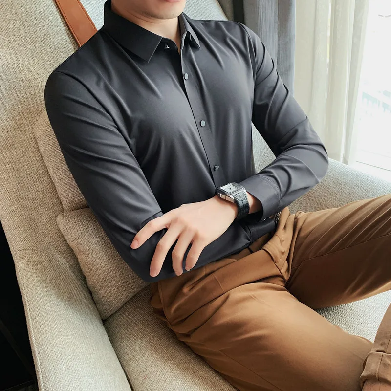2022 High Elastic Seamless Ice Silk Men's Shirts Long Sleeve Solid Color Slim Casual Shirt Business Social Formal Dress Shirts