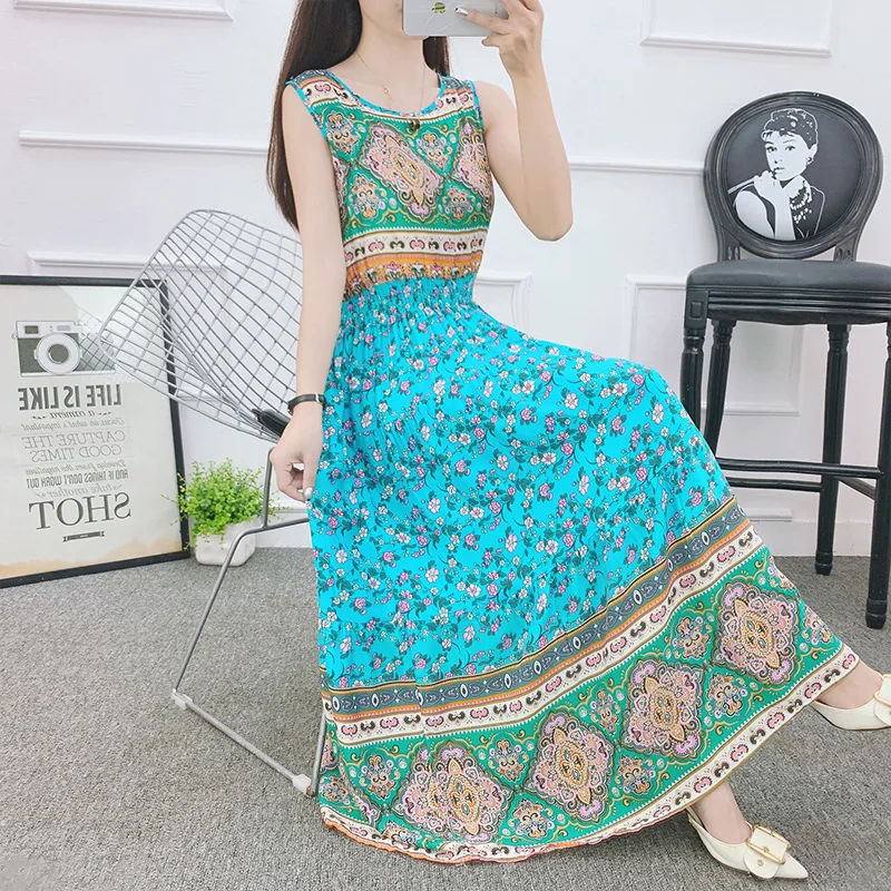 

Cotton Silk Floral Large Swing Print Green Retro Dress Summer Women's Waist Sleeveless Vest Long Skirt Bohemian Beach Skirt New