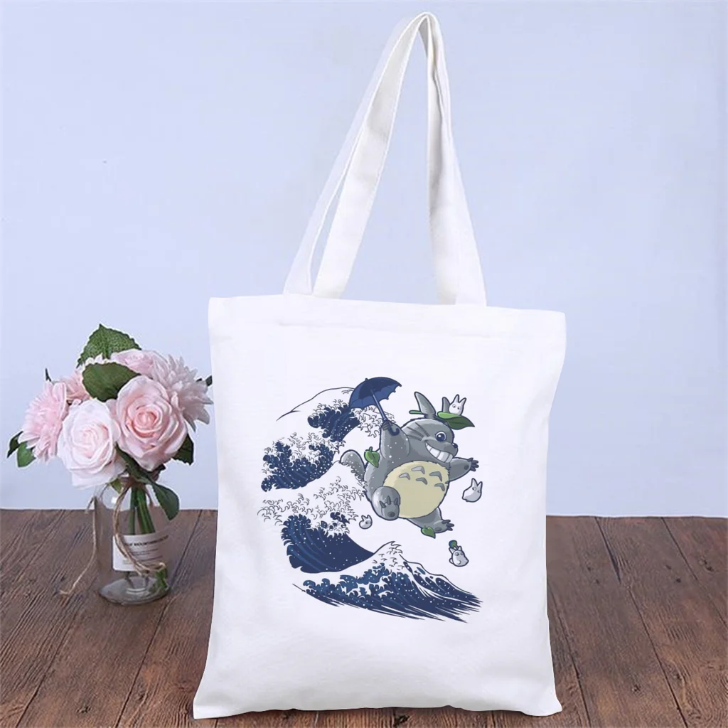 

Tsunami WaveHandbag My Neighbor Totoro Anime Movie Shoulder Canvas Bags Unisex Storage Pocket Shopper HandBags Large Tote Bag