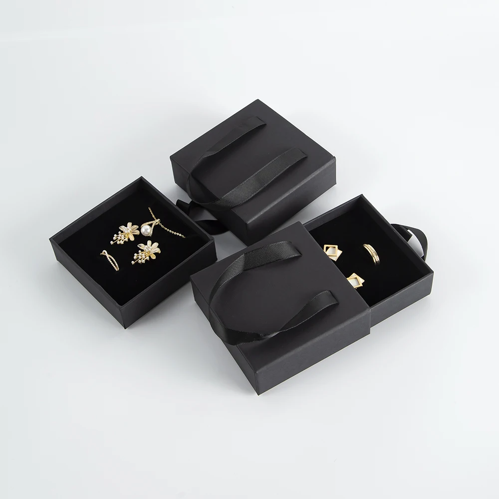 

New Black Luxury Cardboard Jewelry Box Drawers Sliding Portable Bracelet Earrings Necklace Case Packaging Gift Box With Handle