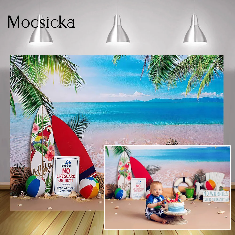 Фон для фотосъемки с изображением морского пляжа детского торта разбитого лета Алоха фото фон доска для серфинга небо новорожденный день рождения портрет фотосъемка