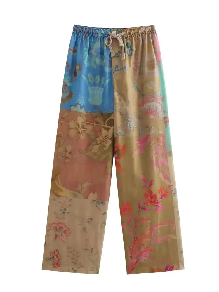 

Женские широкие брюки с поясом на резинке Kumsvag, разноцветные брюки с винтажным принтом в стиле пэчворк, одежда для улицы на лето 2023