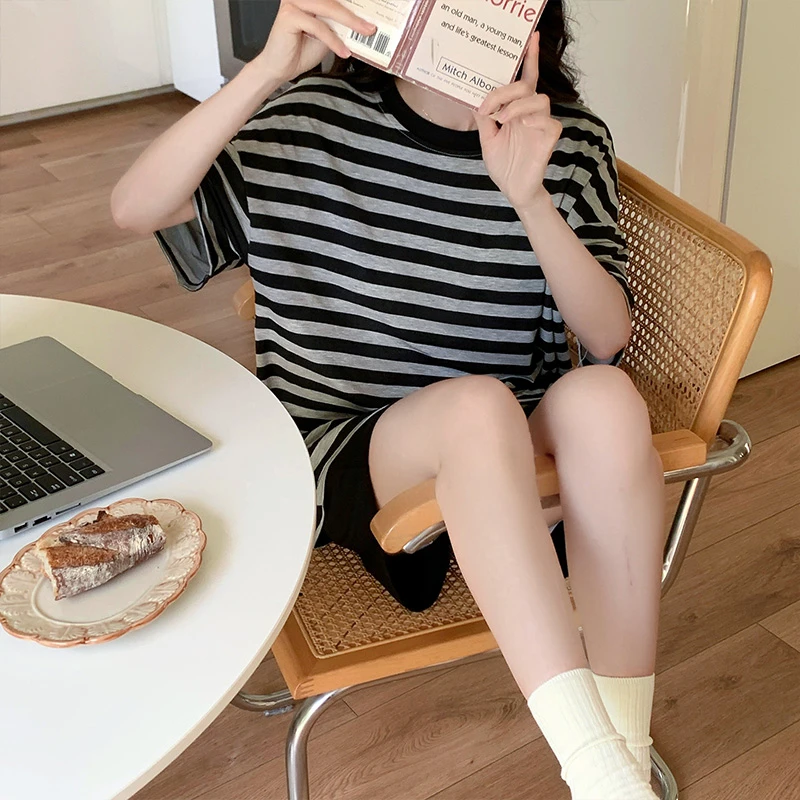 

2Pcs Summer Women Pajamas Set Short Sleeve Loungewear With Chest Pad Black Striped Ladies Modal Sleepwear Casual O-neck Homewear
