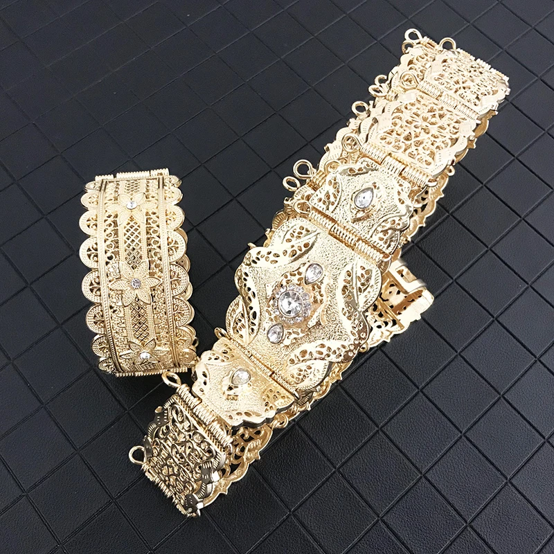 Algerian Bride Wedding Metal Waist Chain Exquisite Crystal Waist Belt Body Chain Adjustable Hollow Flower Design Belt Jewelry