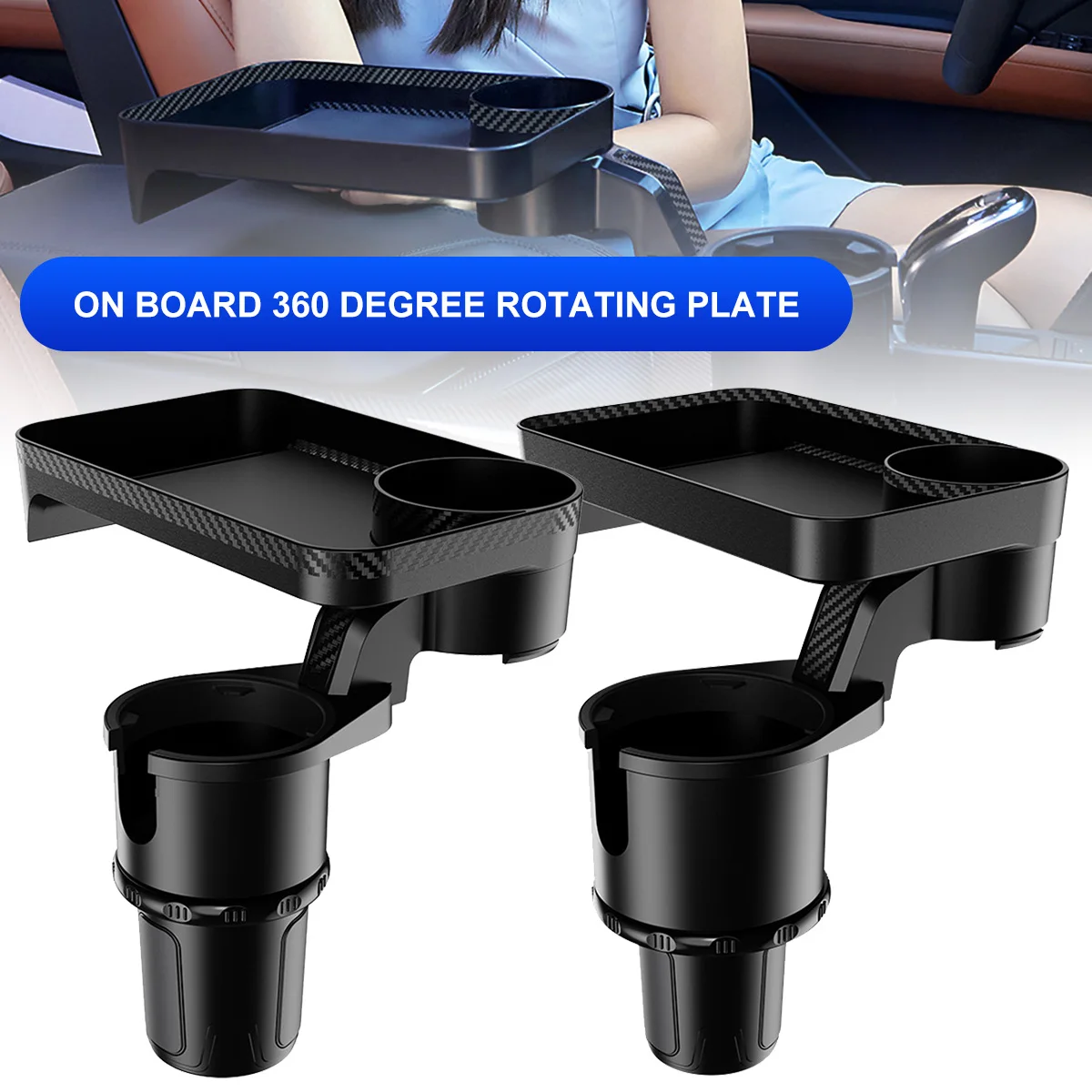 

Car Cup Holder Expander with Attachable Tray 360° Rotating Car Phone Drink Bottle Stand Rack 2-In-1 Adjustable Vehicle Water Cup