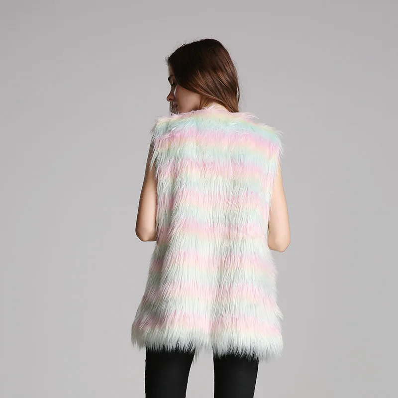 Women's Large Size Fur Vests Color Imitation Fur Vest Women's Mid-Length Artificial Fur Vest Faux Fur Coat