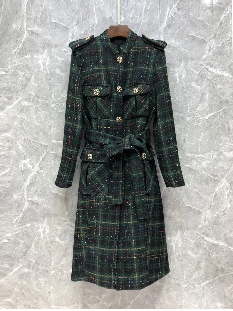 

New 2022 Winter Long Coats High Quality Wool Blend Women Pocket Adjustable Belt Deco Long Sleeve Green Black Woolen Overcoats