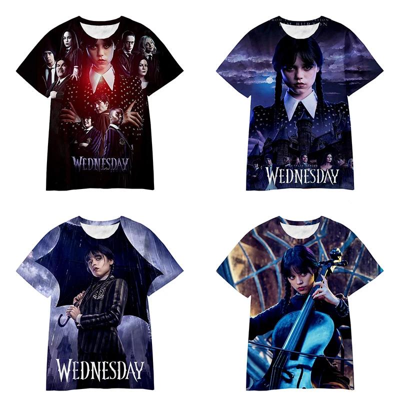 

Wednesday Addams 3D Digital Printing Fashion T-shirt Polyester Clothing Loose Fit Short Sleeve Figure Pattern Thin Adult Costume