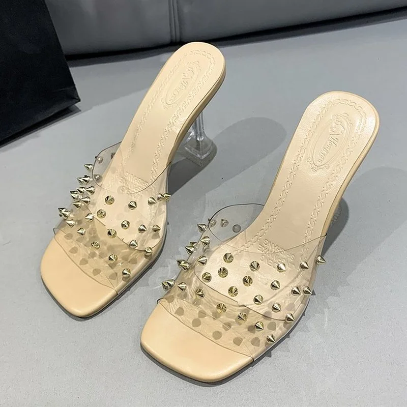 

Summer Sexy Rhinestone Slipper Woman PVC Transparent Perspex Rivets High Heels Peep Toe Mules Ladies Slides Shoes Plus Size 43