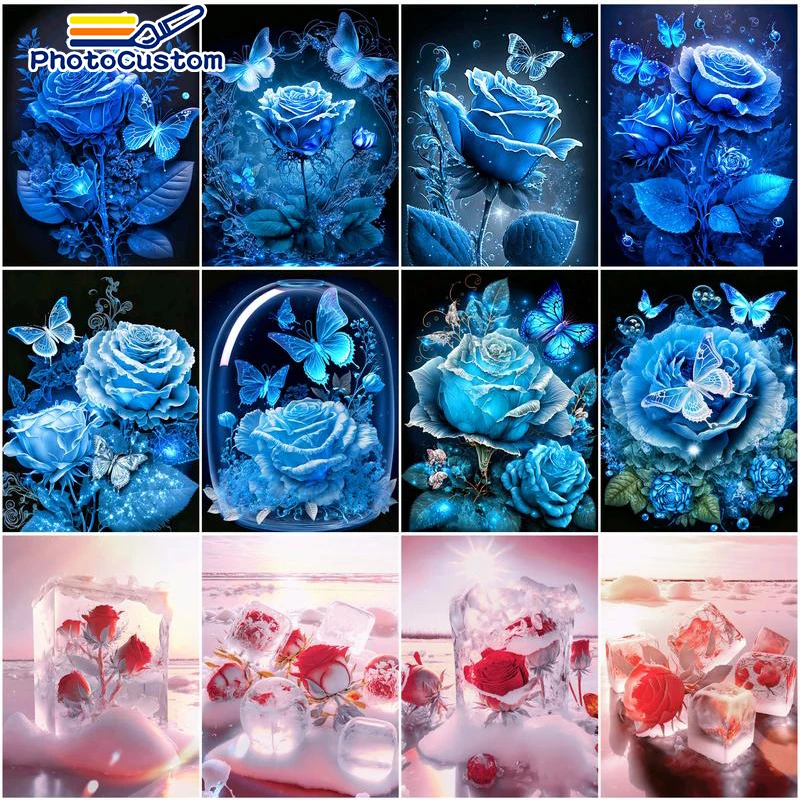 

PhotoCustom Picture By Number Blue Rose Drawing On Canvas HandPainted Art Gift DIY Oil Painting Flower Kits Home Wall Decoration