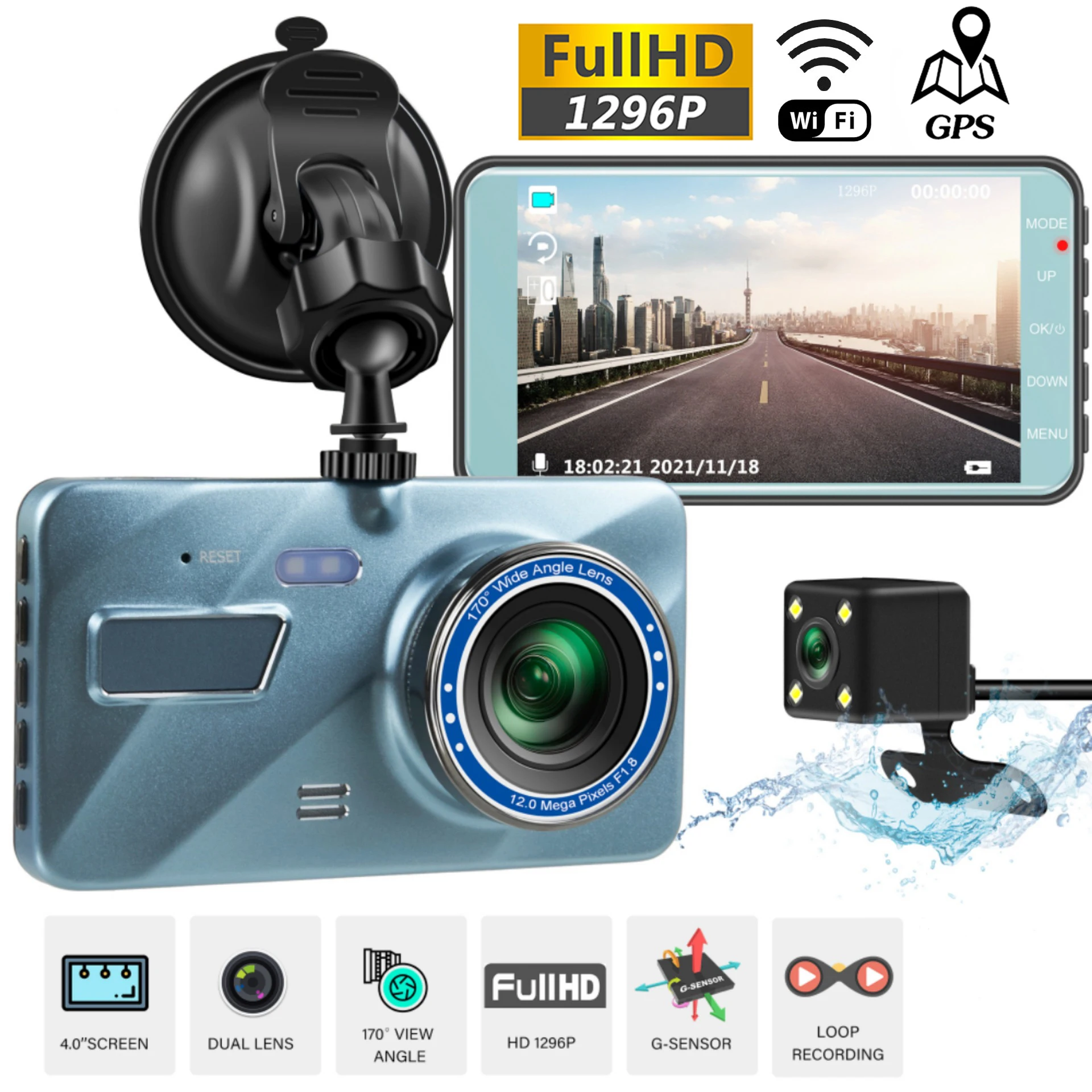 

Автомобильный видеорегистратор 4,0 дюйма Full HD 1080P, Wi-Fi, видеорегистратор заднего вида, Автомобильный видеорегистратор, монитор парковки, ночное видение, G-датчик, видеорегистратор, GPS