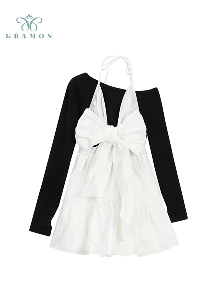 

Women Solid Color Long Sleeve Tshirt And French Style Elegant A Line Bow Halter Dress Casual Suit 2022 Autumn New Two Piece Set