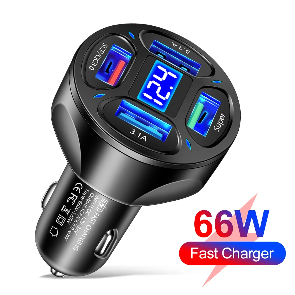 4 Ports USB Car Charger 66W Fast Charging Quick Charge 3.0 Car Mobile Phone Charger Adapter For iPhone 14 13 Xiaomi mi Samsung