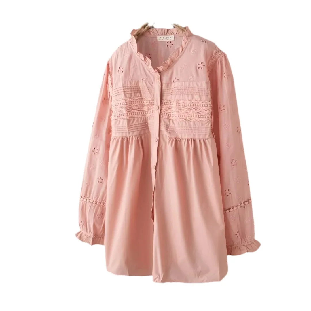 Новые осенние хлопковые однотонные рубашки со складками женские открытые топы с