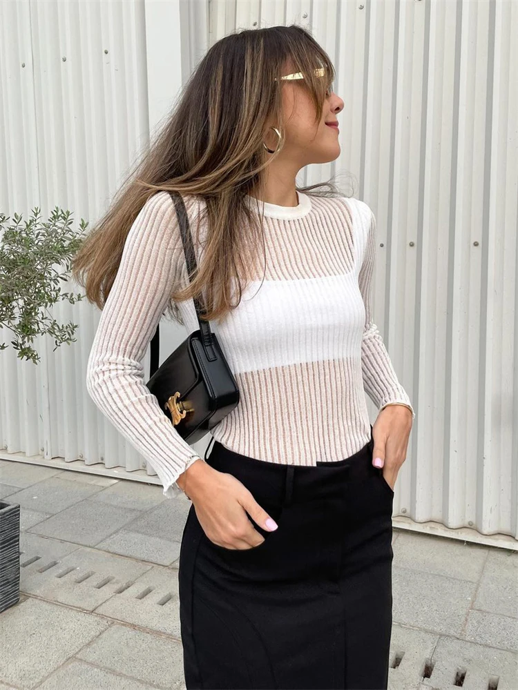 

TARUXY Ribbed Knit Long Sleeve Top Shirts For Women White See-through Knit Rib Top Tees Outfits Casual Spring Skinny Streetwear
