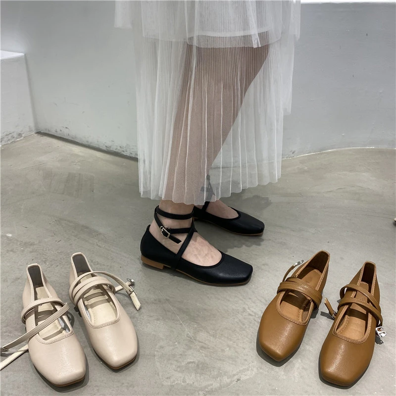 

SUOJIALUN 2021 New Women Round Toe Flats Shoes Shallow Slip On Ballet Flat Ankle Strap Casual Loafers Soft Ballerina zapatos muj