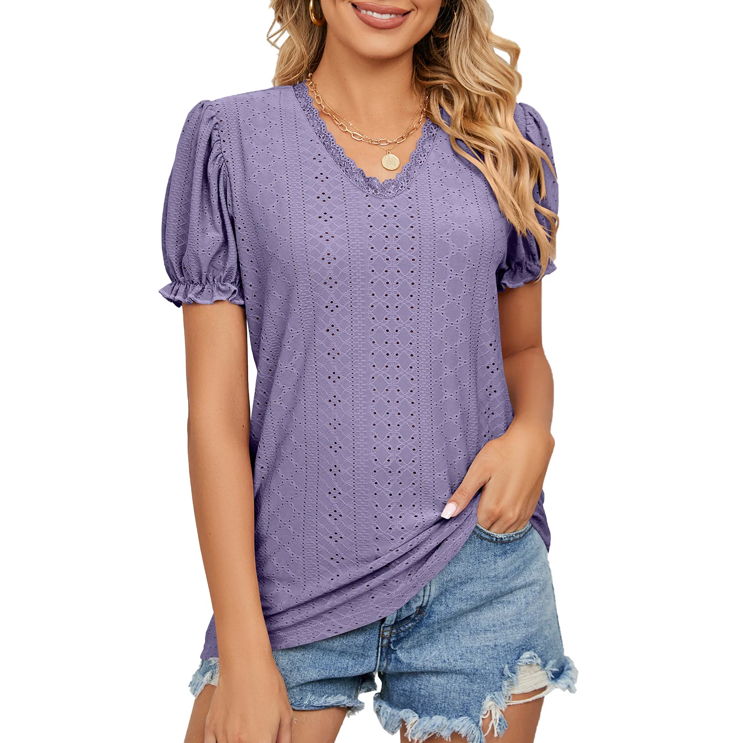 

Women's Shirt 2023 Summer Solid Color Stitching Short-sleeved Hollow V-neck T-shirt Fashion Casual Tops Female
