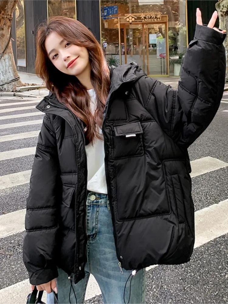 Women Winter Warm Oversize Cotton Jacket Loose Hooded Padded Solid Parkas Casual Elegant Zipper Clothes 2022
