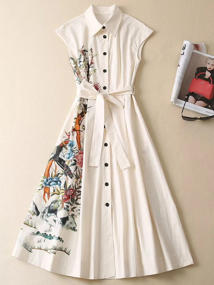 

Runway 2023 Spring Summer Women's New Designer Bohemia High Quality Casual Party Celebrity Elegant Chic Print Shirt Midi Dress