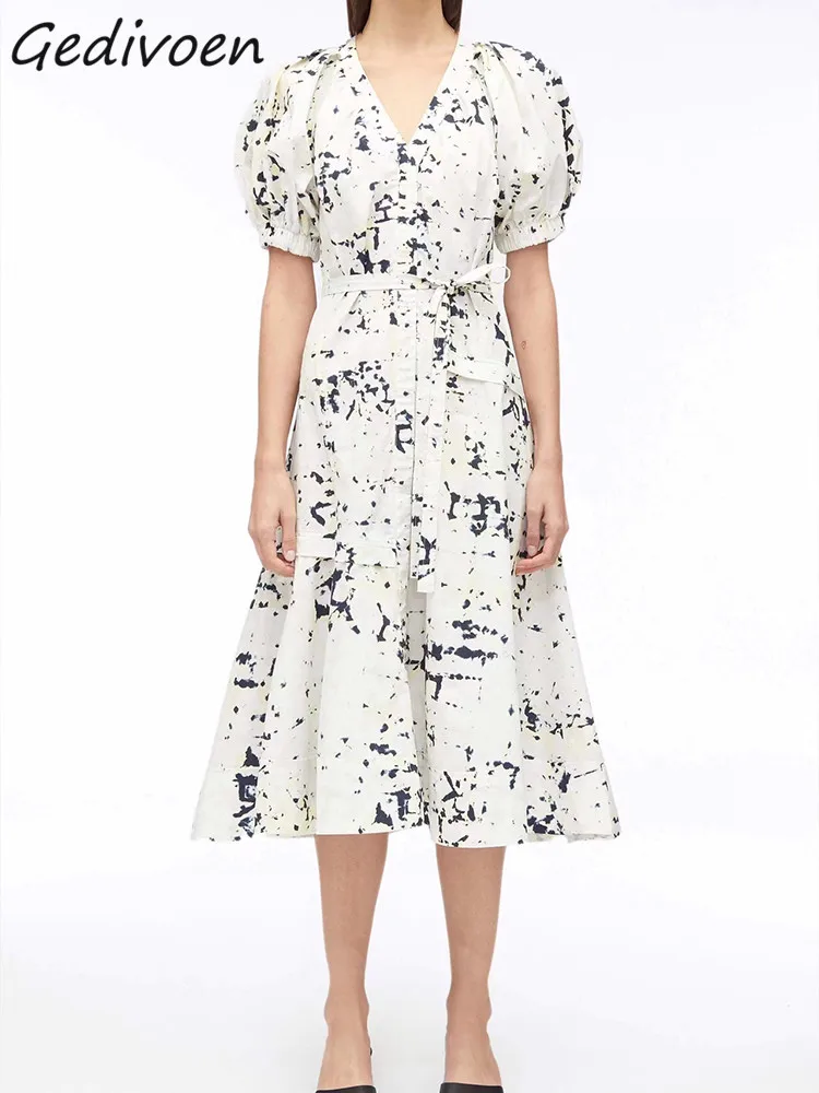 

Gedivoen Fashion Designer Spring Women's V-Neck Lantern Sleeve Stripes Printing Bowknot Frenulum Elegant Gorgeous Dress