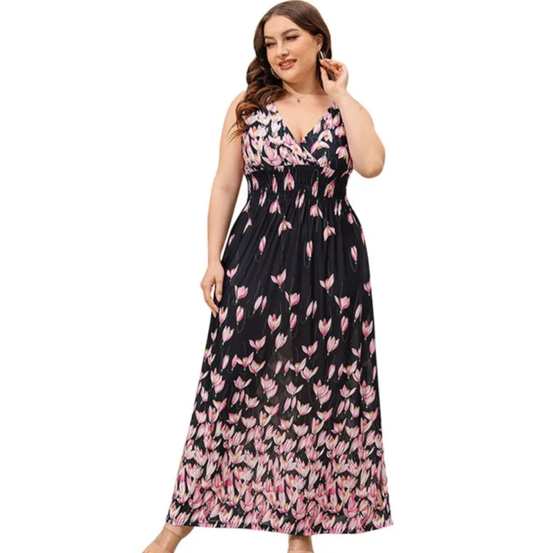 

Simple Temperament Elegant Plus Size Fashion Floral Print Dress Women Ice Silk Sexy V Neck Waist Holiday Beach Sleeveless Dress